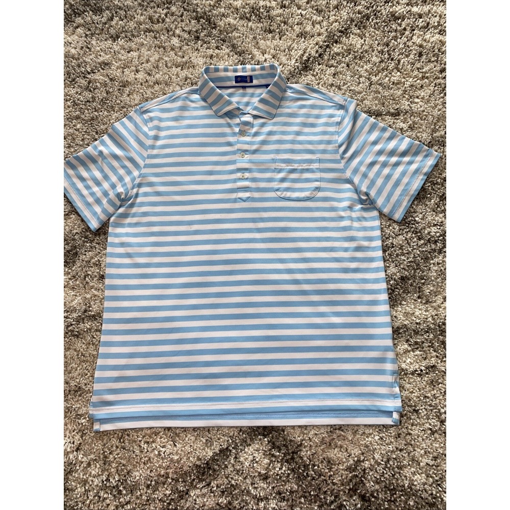 Stitch‎ Golf Mens XL Polo Shirt Light Blue White Striped Short Sleeve